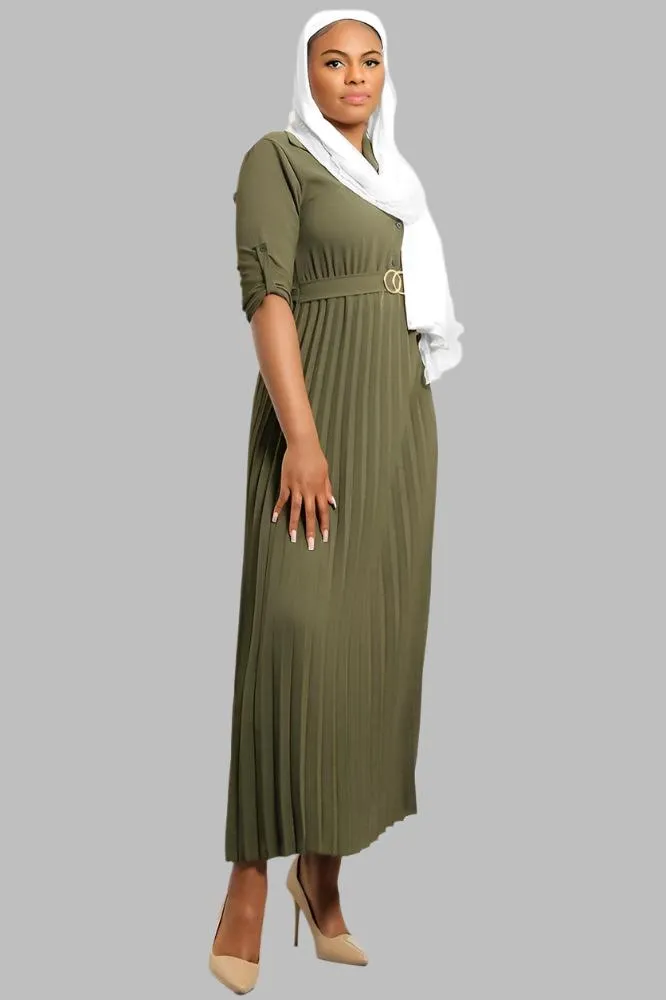 Pleated Skirt Logo Belt Buttoned Modest Dress