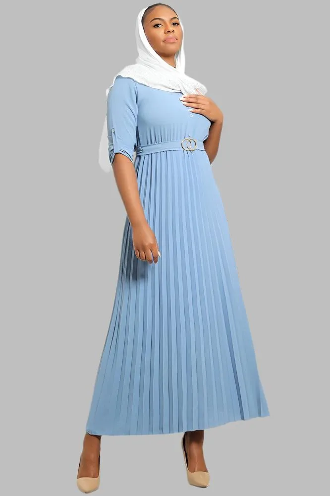 Pleated Skirt Logo Belt Buttoned Modest Dress