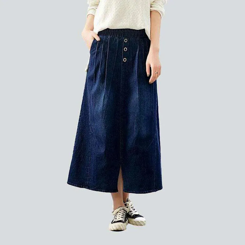 Pleated waistline long denim skirt