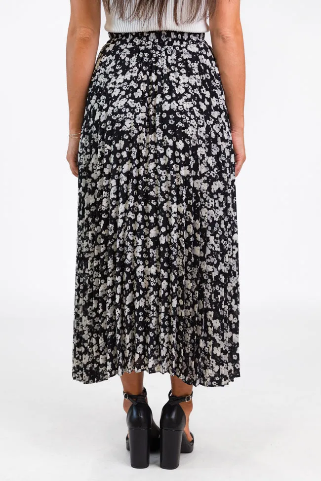 Pleats and Thank You Black Floral Maxi Skirt