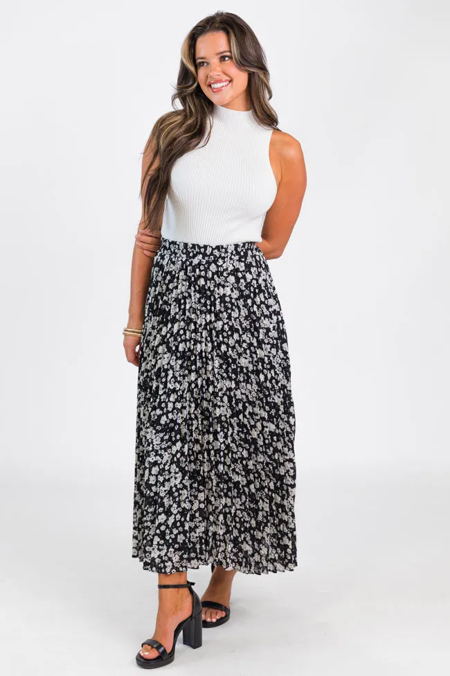 Pleats and Thank You Black Floral Maxi Skirt