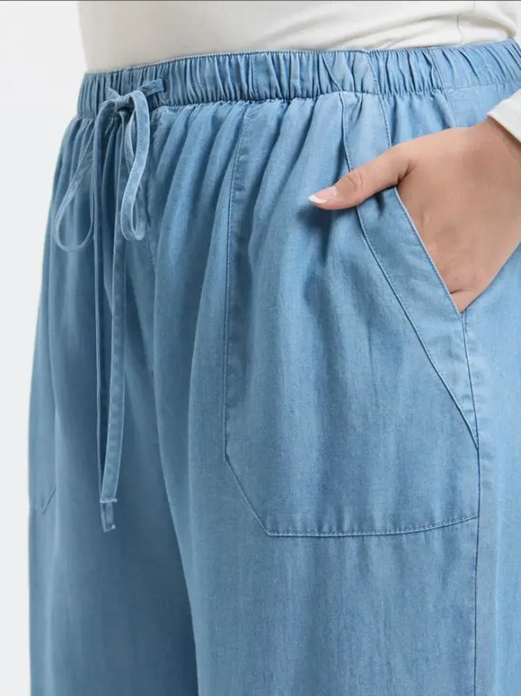 Plus High Waist Drawstring Pants in Chambray by Blu Pepper