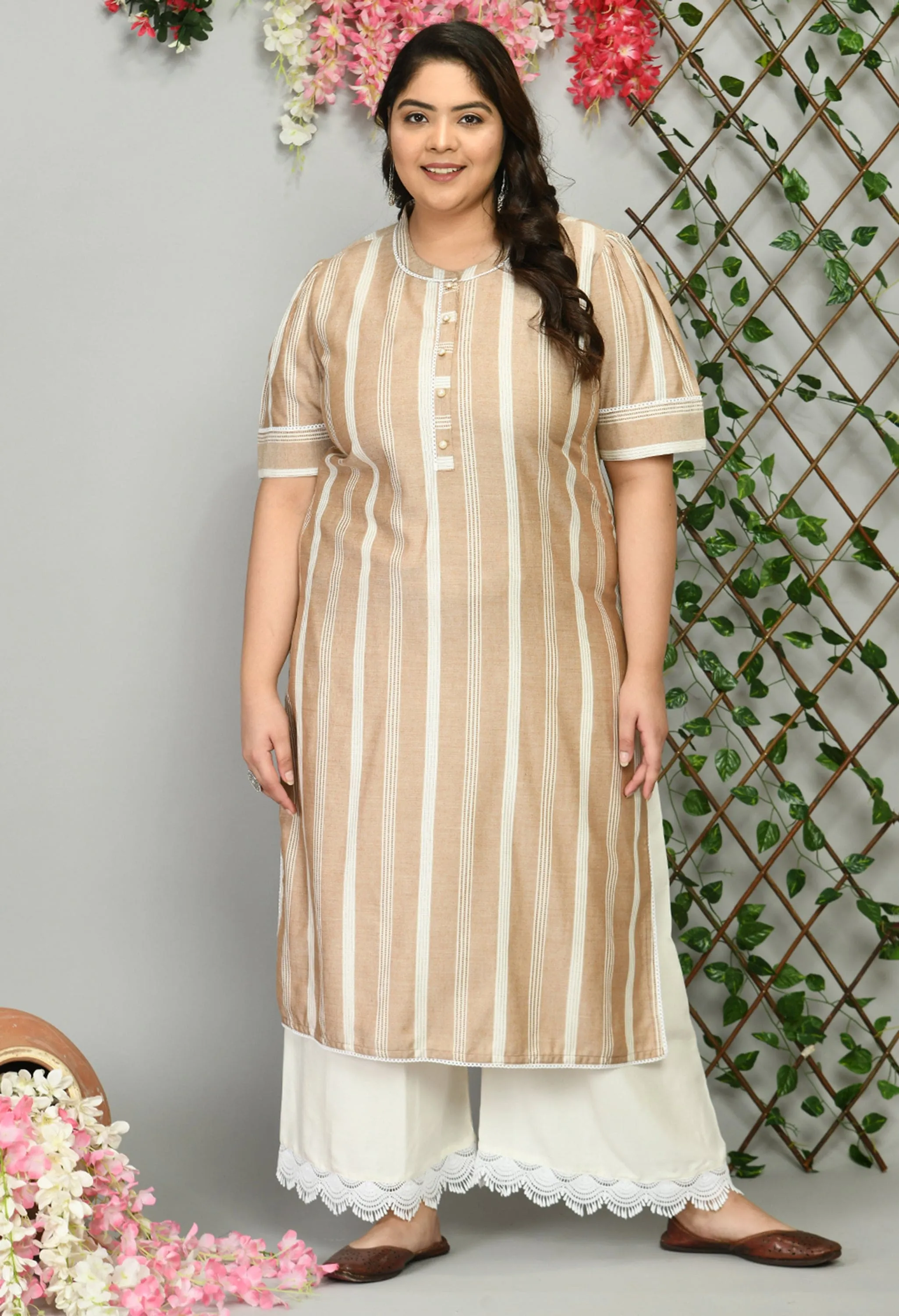 Plus Size Plus Size Striped Beige Kurta