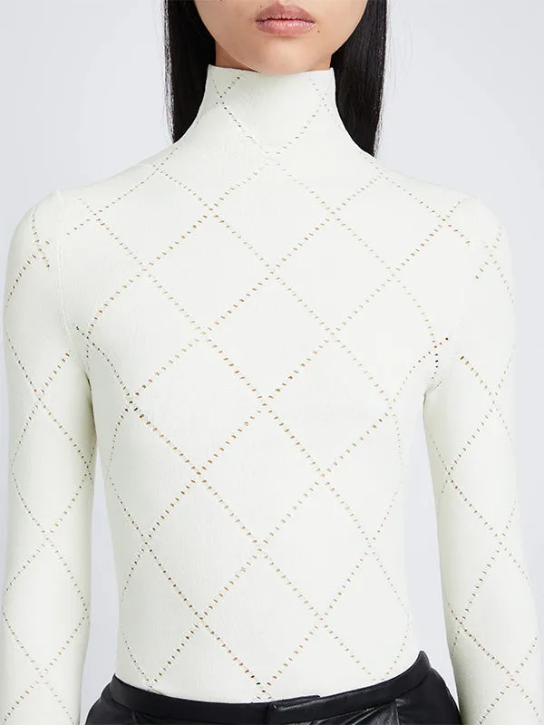 Pointelle Diamonds Turtleneck Top In Off White