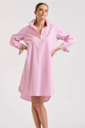 Popover Shirt Dress | Pink Stripe/Floral Trim