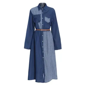 Pre Order:  Two-Tone Denim Button-Down Belted Dress