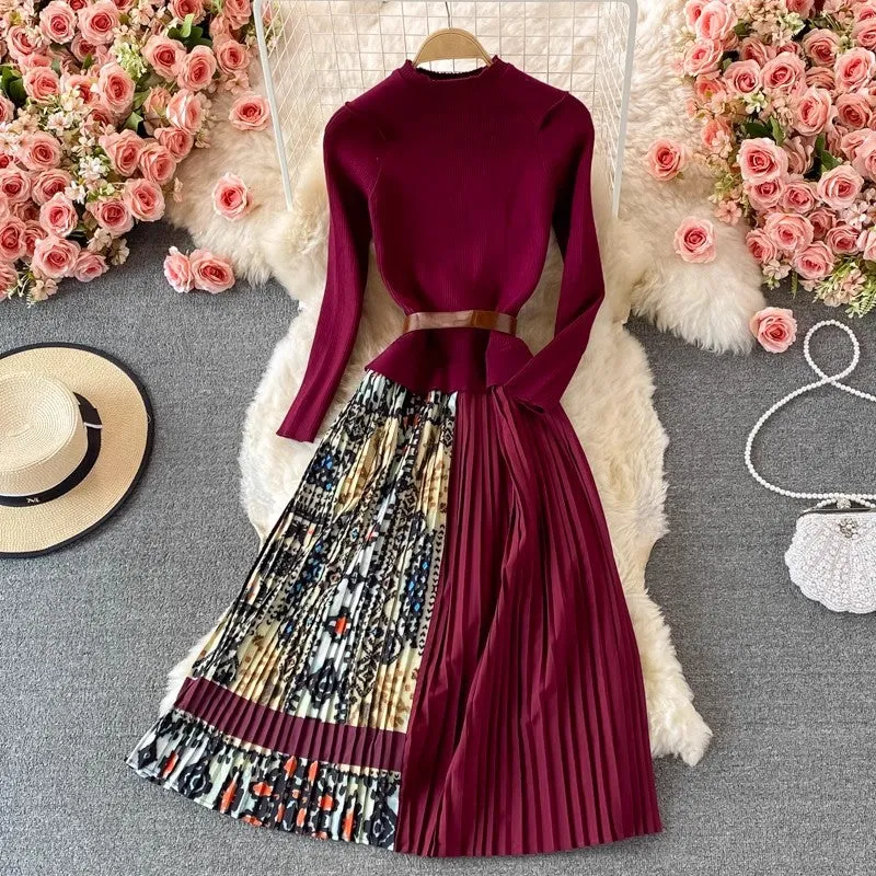 Print Skirt Knitted Sweater Pleated Dress       S3944