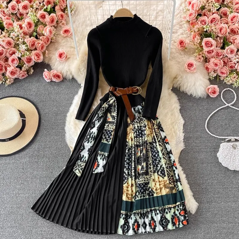 Print Skirt Knitted Sweater Pleated Dress       S3944