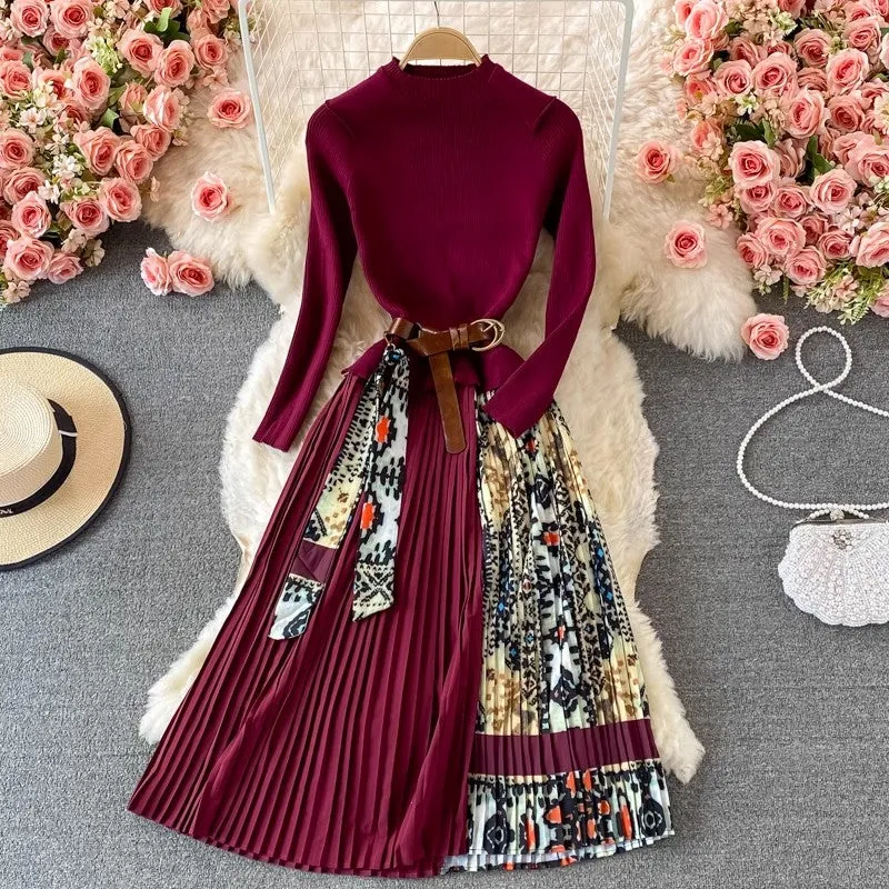 Print Skirt Knitted Sweater Pleated Dress       S3944