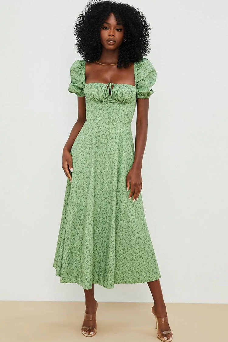 Puff Sleeve Ditsy Floral Tie Front High Slit Midi Dress - Green