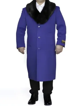 Removable Fur Collar Full Length Ankle length Wool Dress Top Coat / Overcoat In Royal Blue - Mens Overcoat