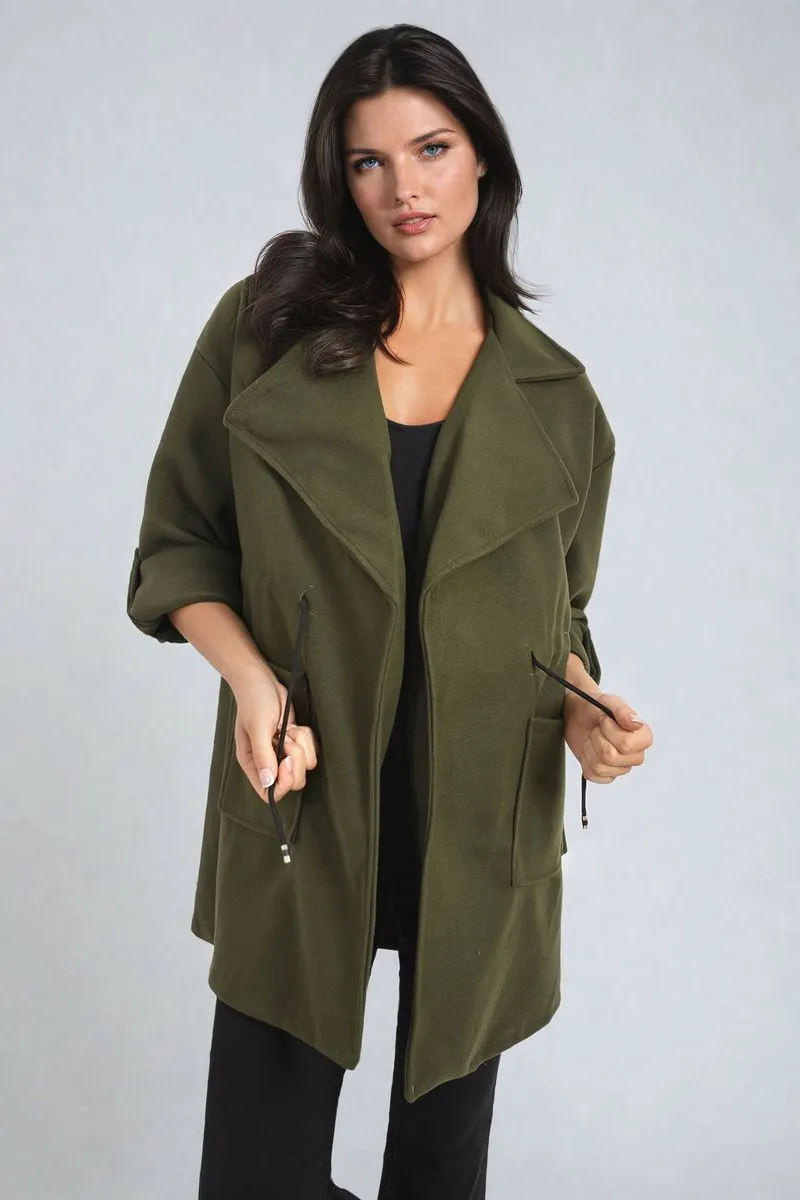 Roll Tab Sleeve Drawstring Waist Open Front Trench Coat Jacket