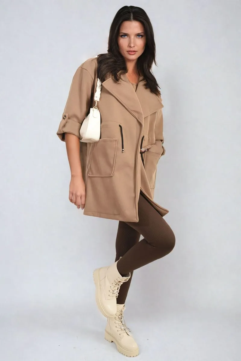 Roll Tab Sleeve Drawstring Waist Open Front Trench Coat Jacket