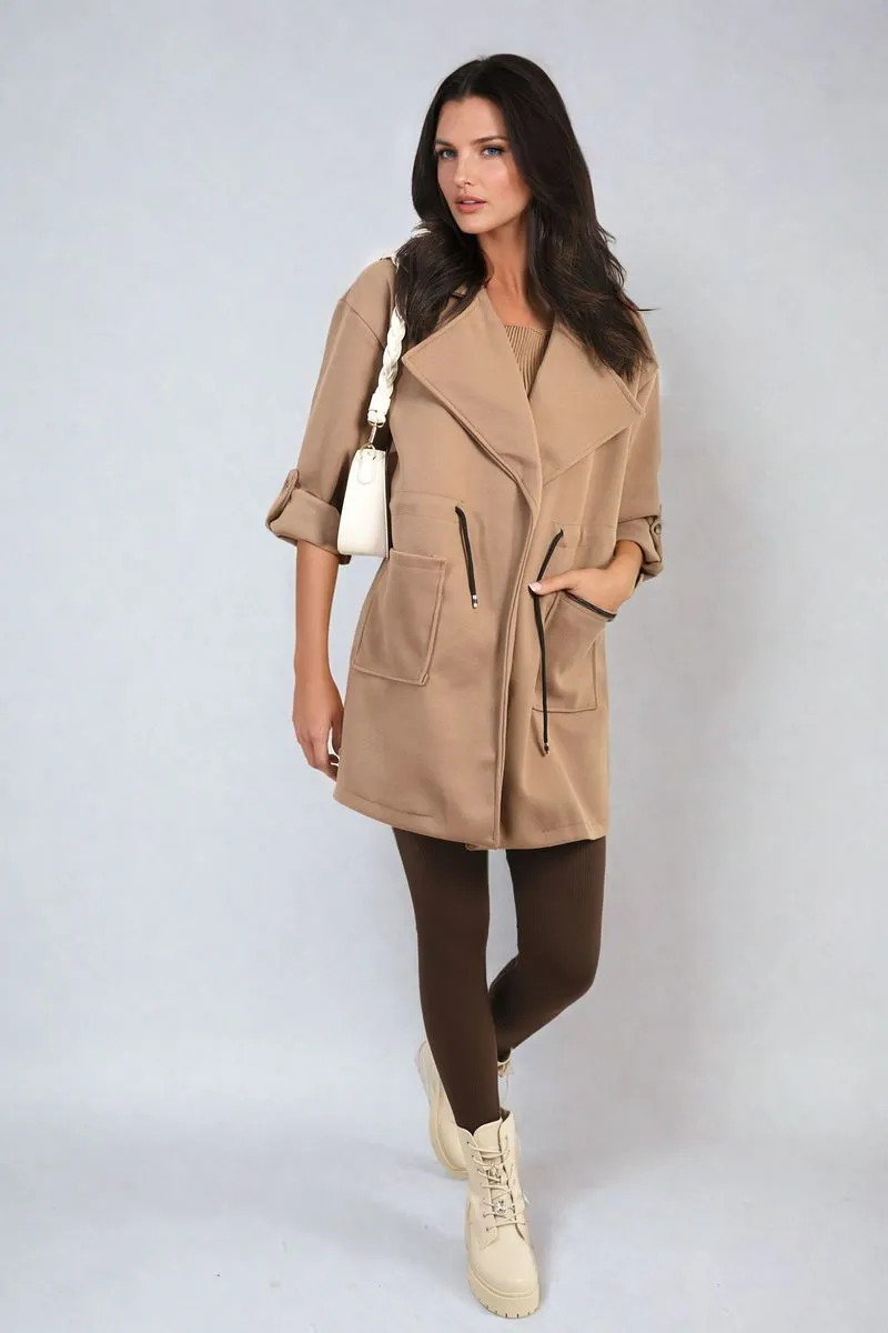 Roll Tab Sleeve Drawstring Waist Open Front Trench Coat Jacket