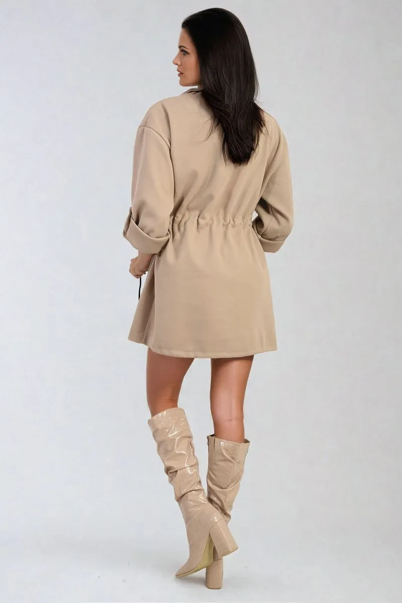 Roll Tab Sleeve Drawstring Waist Open Front Trench Coat Jacket