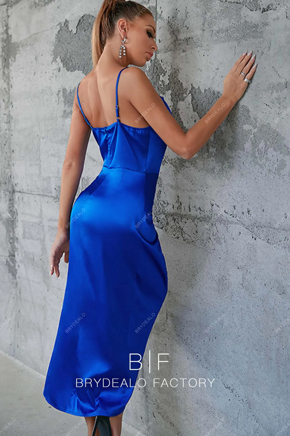 Royal Blue Ruched Charmeuse Tea Length Slit Dress