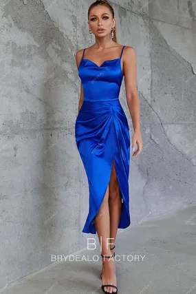 Royal Blue Ruched Charmeuse Tea Length Slit Dress