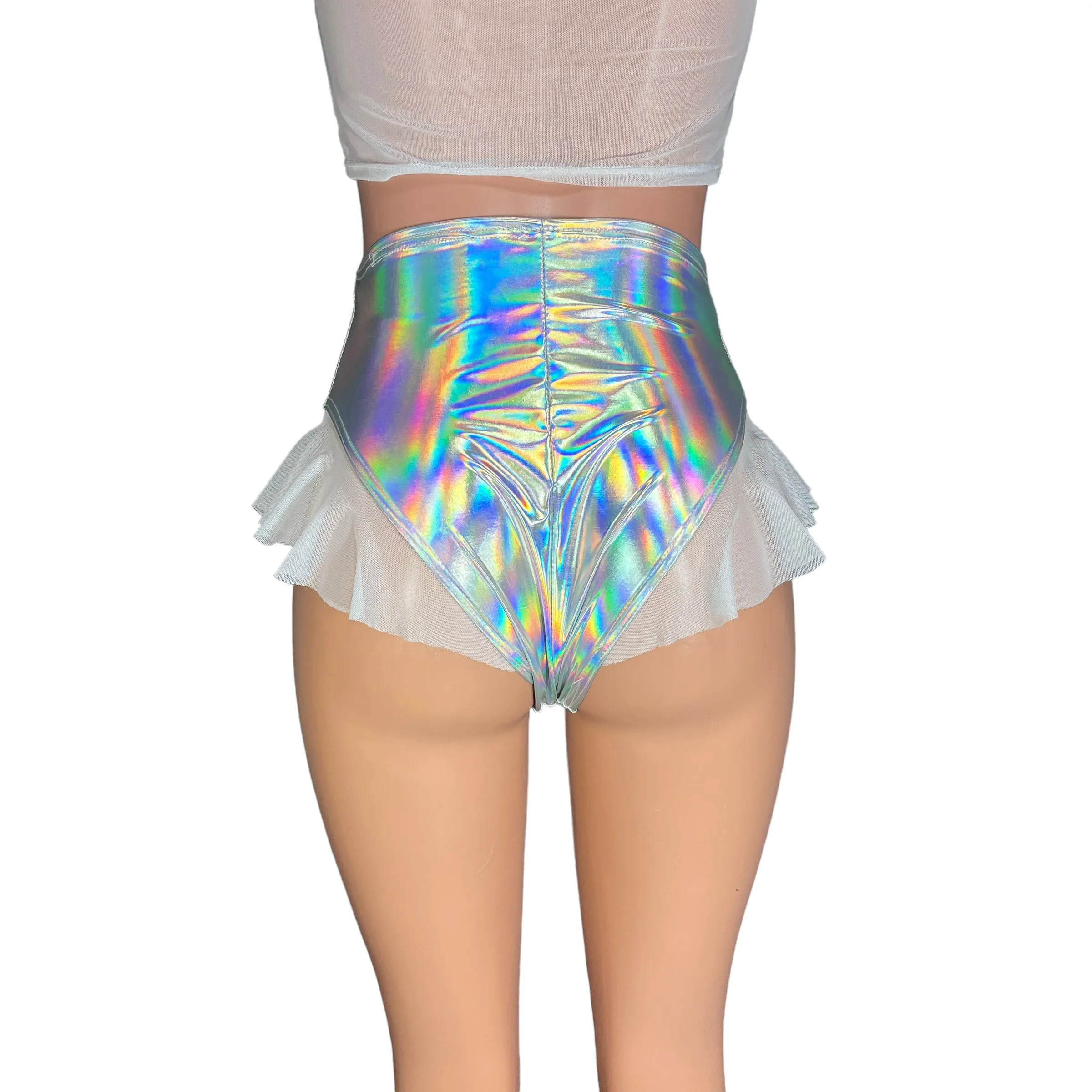 Ruffle Hot Pants High-Waisted Cheeky Bikini in Opal Holographic