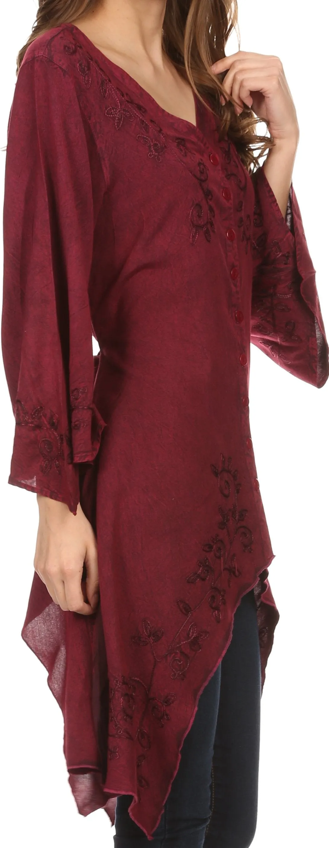 Sakkas Gella Button Down Blouse Top With Bell Sleeves And Handkerchief Sides