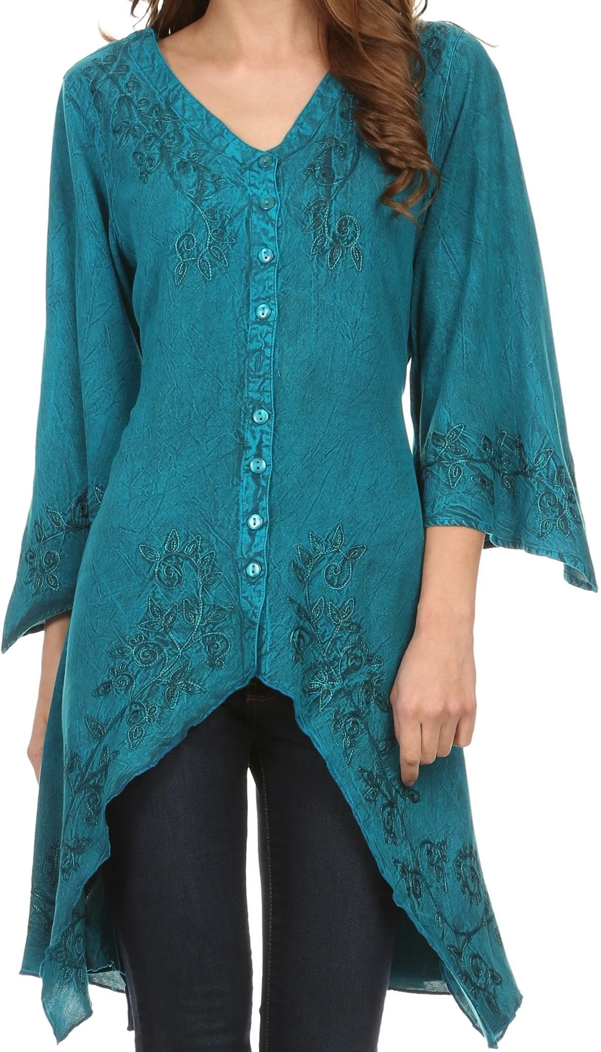 Sakkas Gella Button Down Blouse Top With Bell Sleeves And Handkerchief Sides