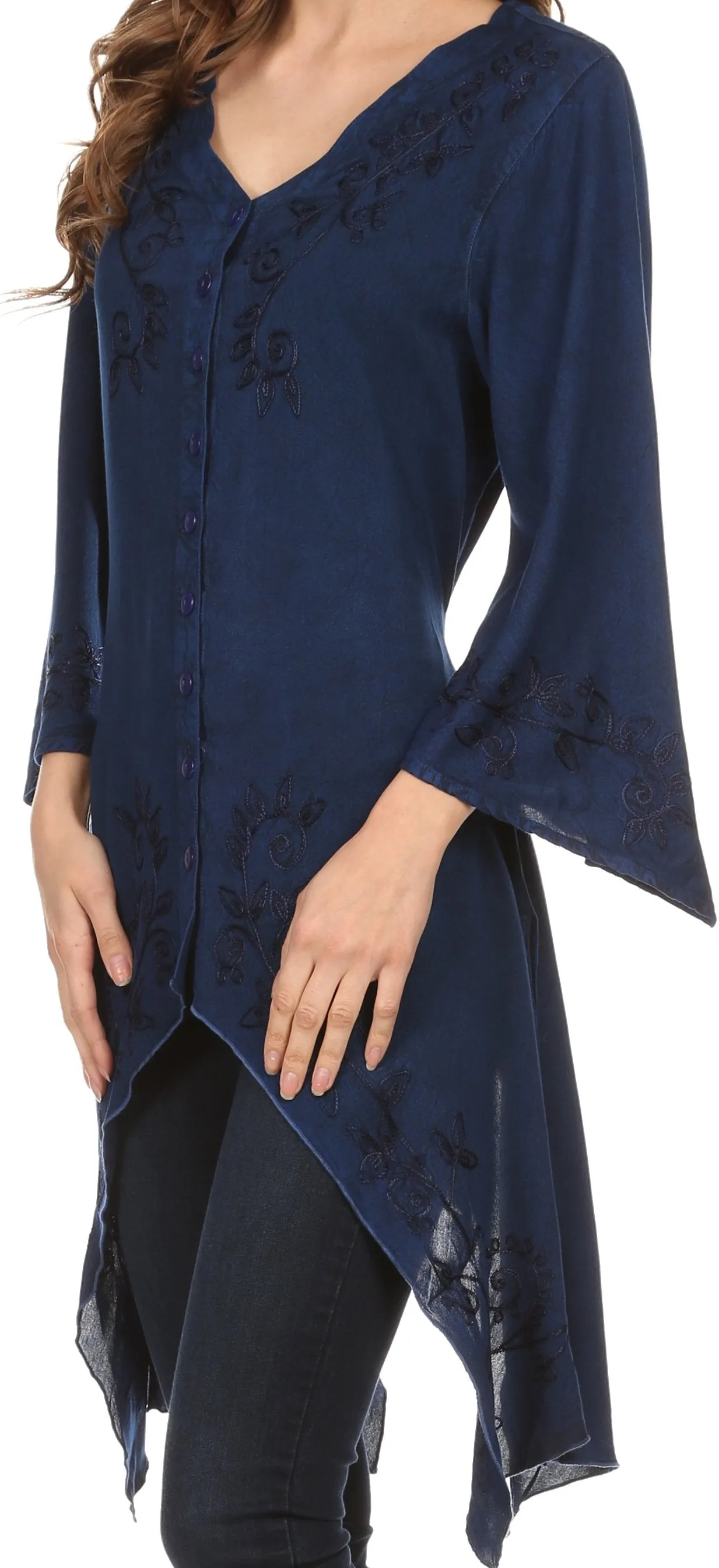 Sakkas Gella Button Down Blouse Top With Bell Sleeves And Handkerchief Sides