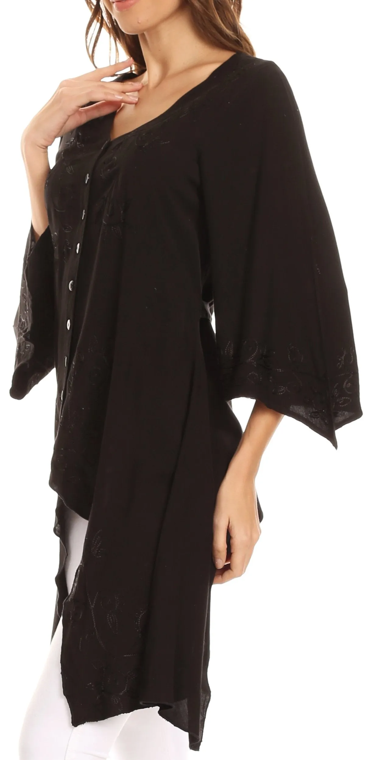 Sakkas Gella Button Down Blouse Top With Bell Sleeves And Handkerchief Sides