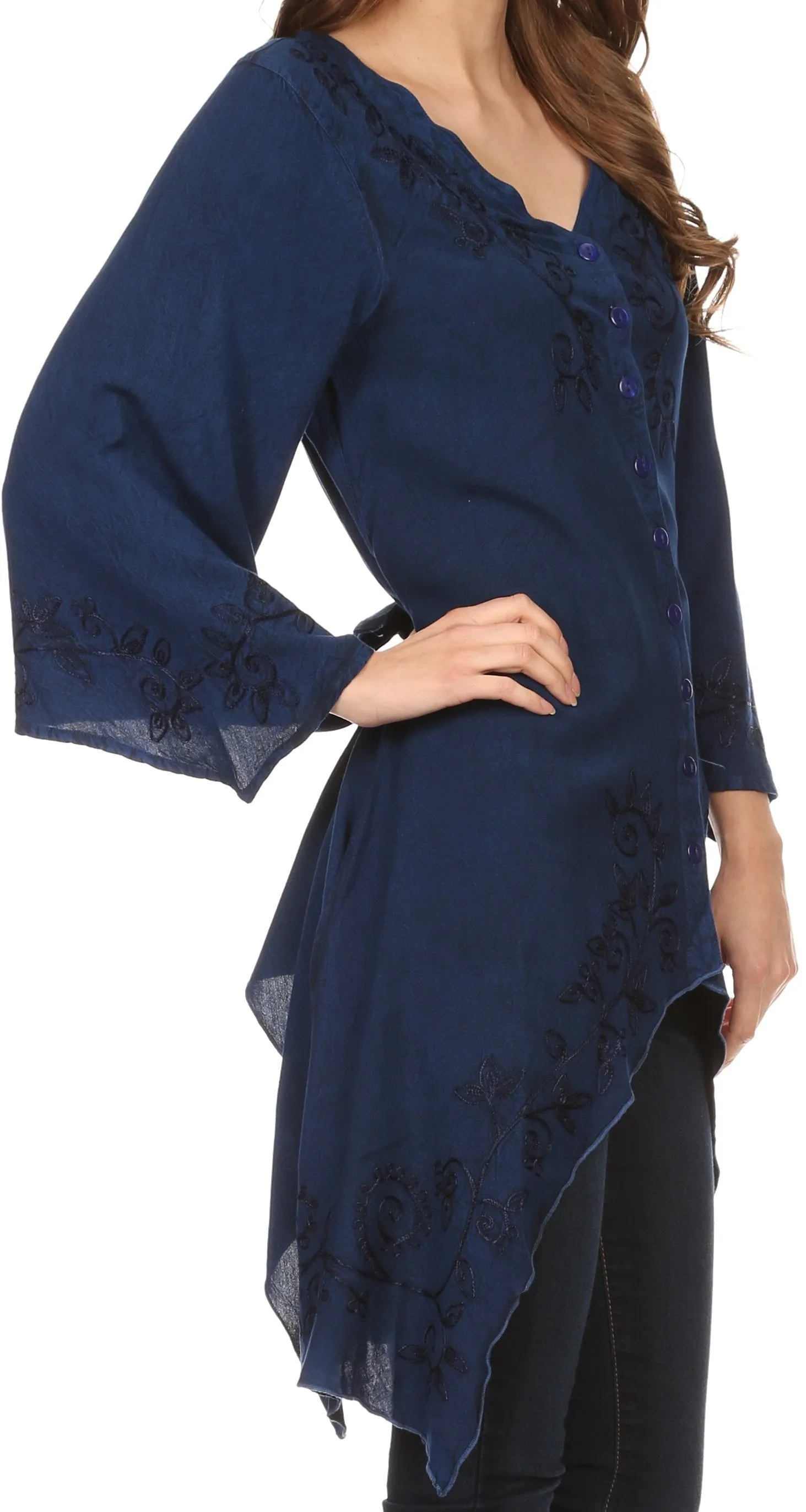 Sakkas Gella Button Down Blouse Top With Bell Sleeves And Handkerchief Sides