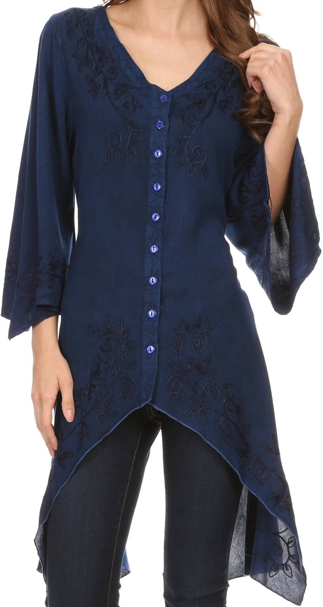 Sakkas Gella Button Down Blouse Top With Bell Sleeves And Handkerchief Sides