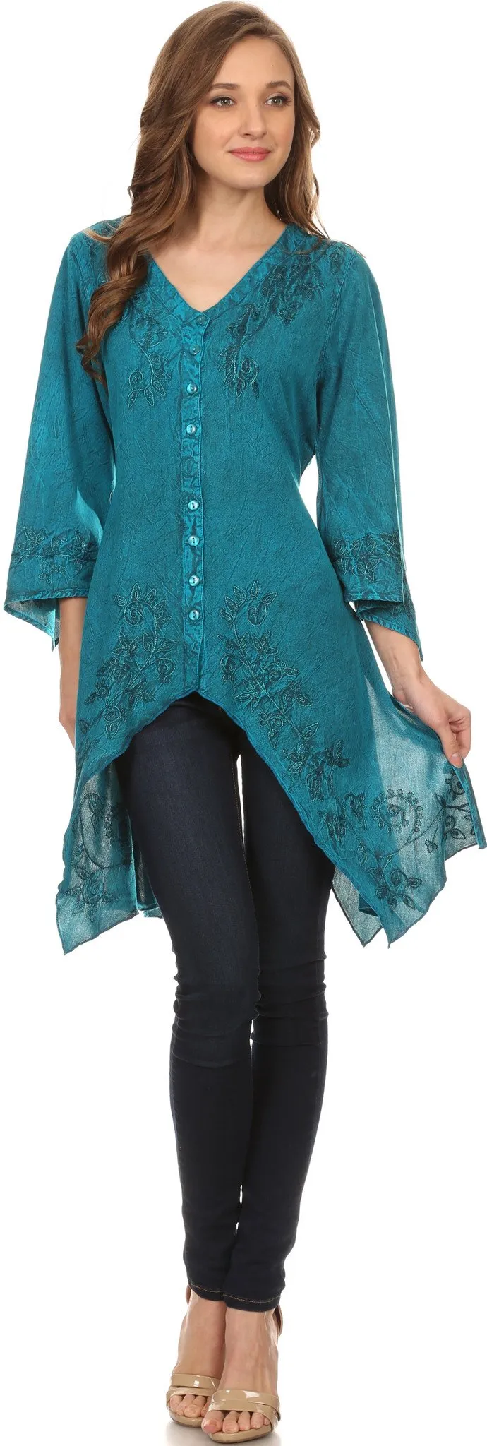 Sakkas Gella Button Down Blouse Top With Bell Sleeves And Handkerchief Sides