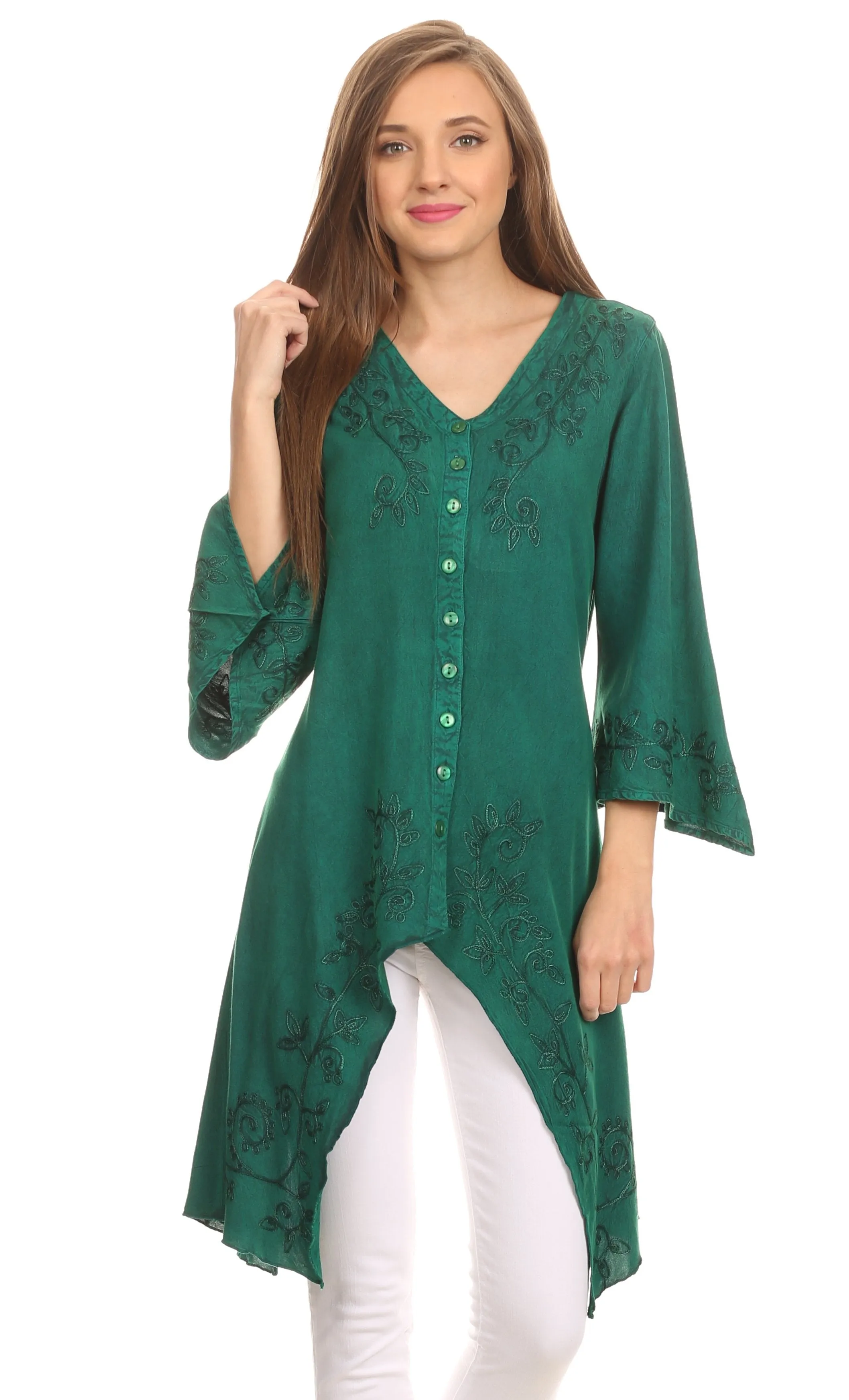 Sakkas Gella Button Down Blouse Top With Bell Sleeves And Handkerchief Sides