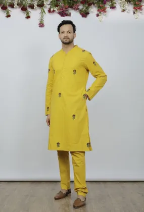 Set Of 2: Bright Yellow Cotton Block Print Kurta and Pyjama