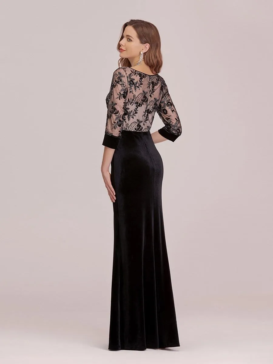 Sexy High Waist Velvet Straight Evening Dress with Lace Bodice