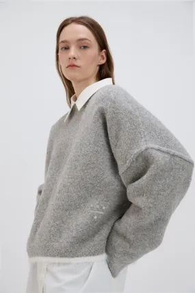 Shearling-Trim Oversized Knit Sweater - Grey