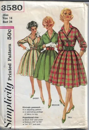 Simplicity 3580 Vintage Sewing Pattern 1960s Ladies Dress Pleated Skirt Shirtwaist