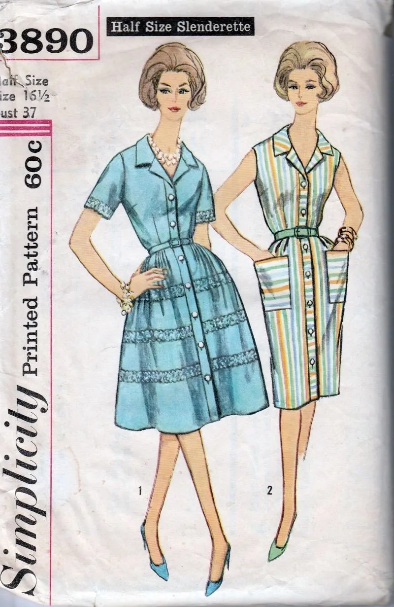 Simplicity 3890 Vintage 1960's Sewing Pattern Ladies Button Front Dress Slim Full Skirt