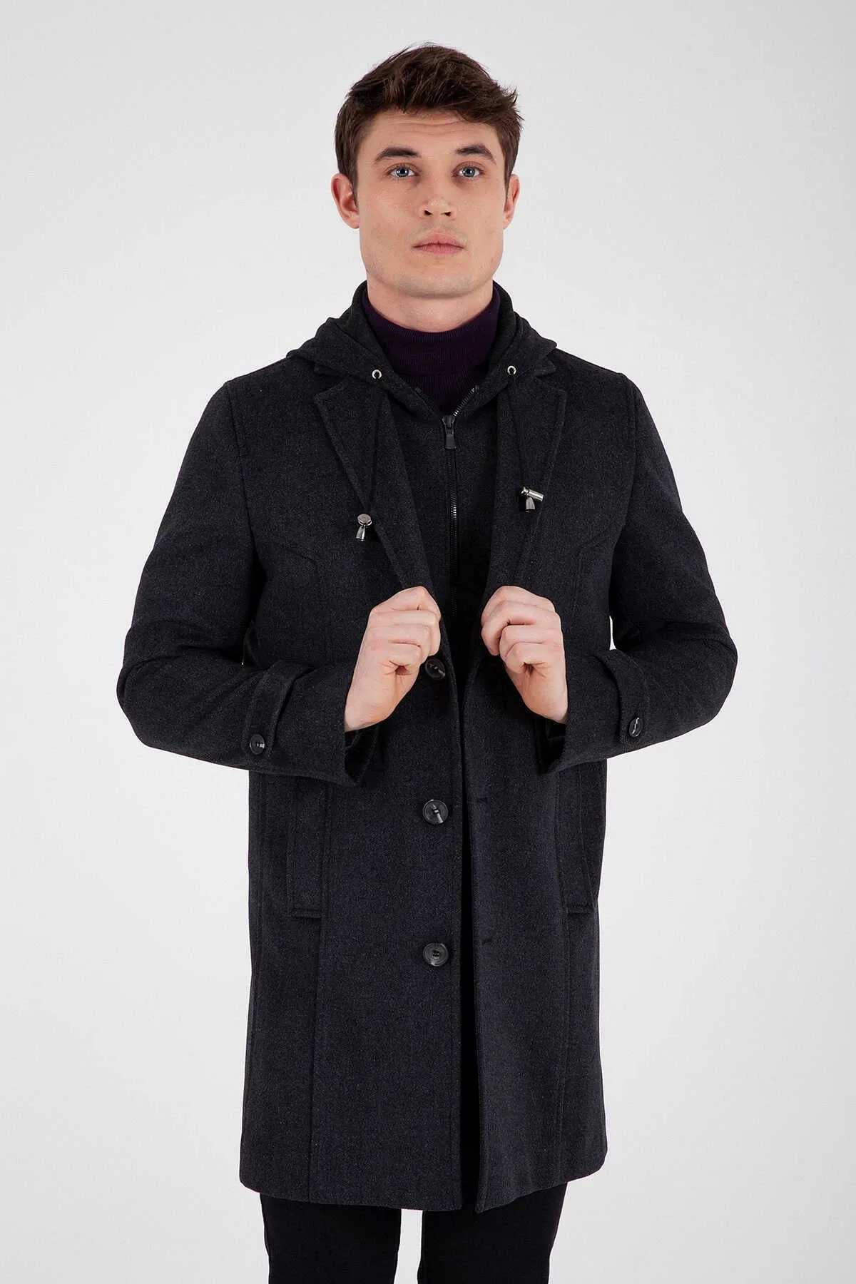 Slim Fit Notch Lapel Dark Gray Wool Overcoat