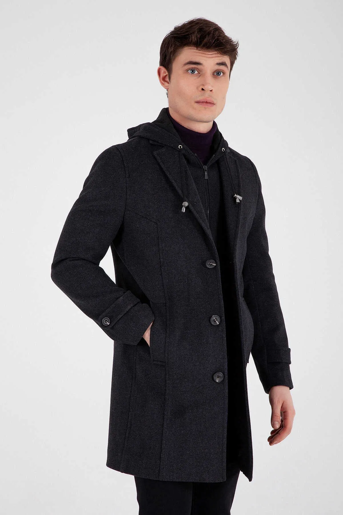 Slim Fit Notch Lapel Dark Gray Wool Overcoat