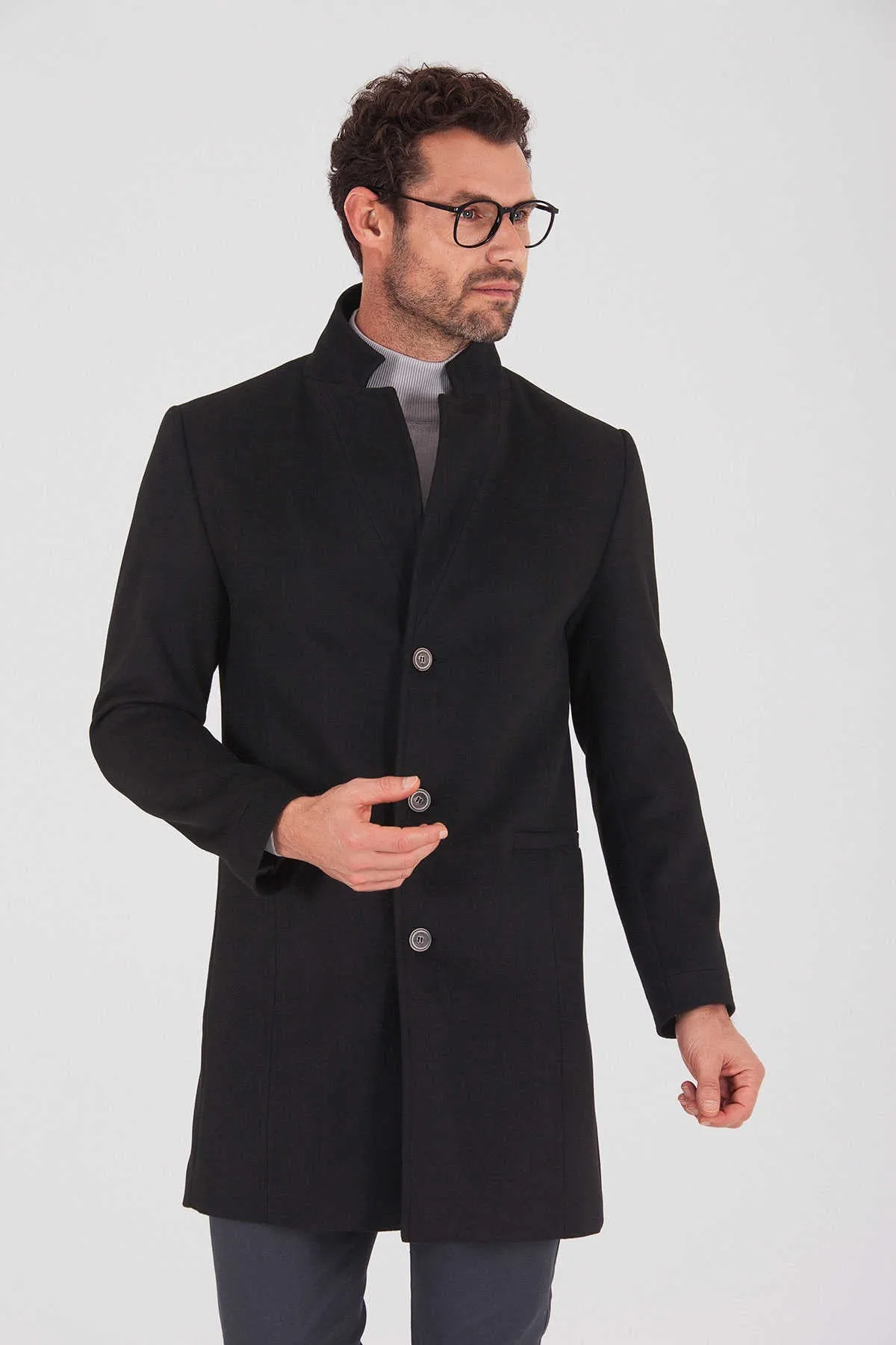 Slim Fit Notch Lapel Madrid Black Overcoat, Black