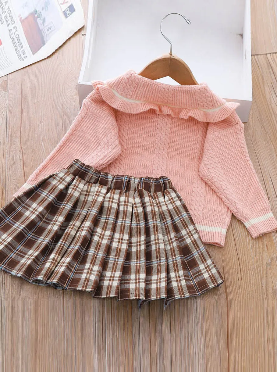 Smart Girls Rule Pink Knit Sweater and Checkered Skirt Set