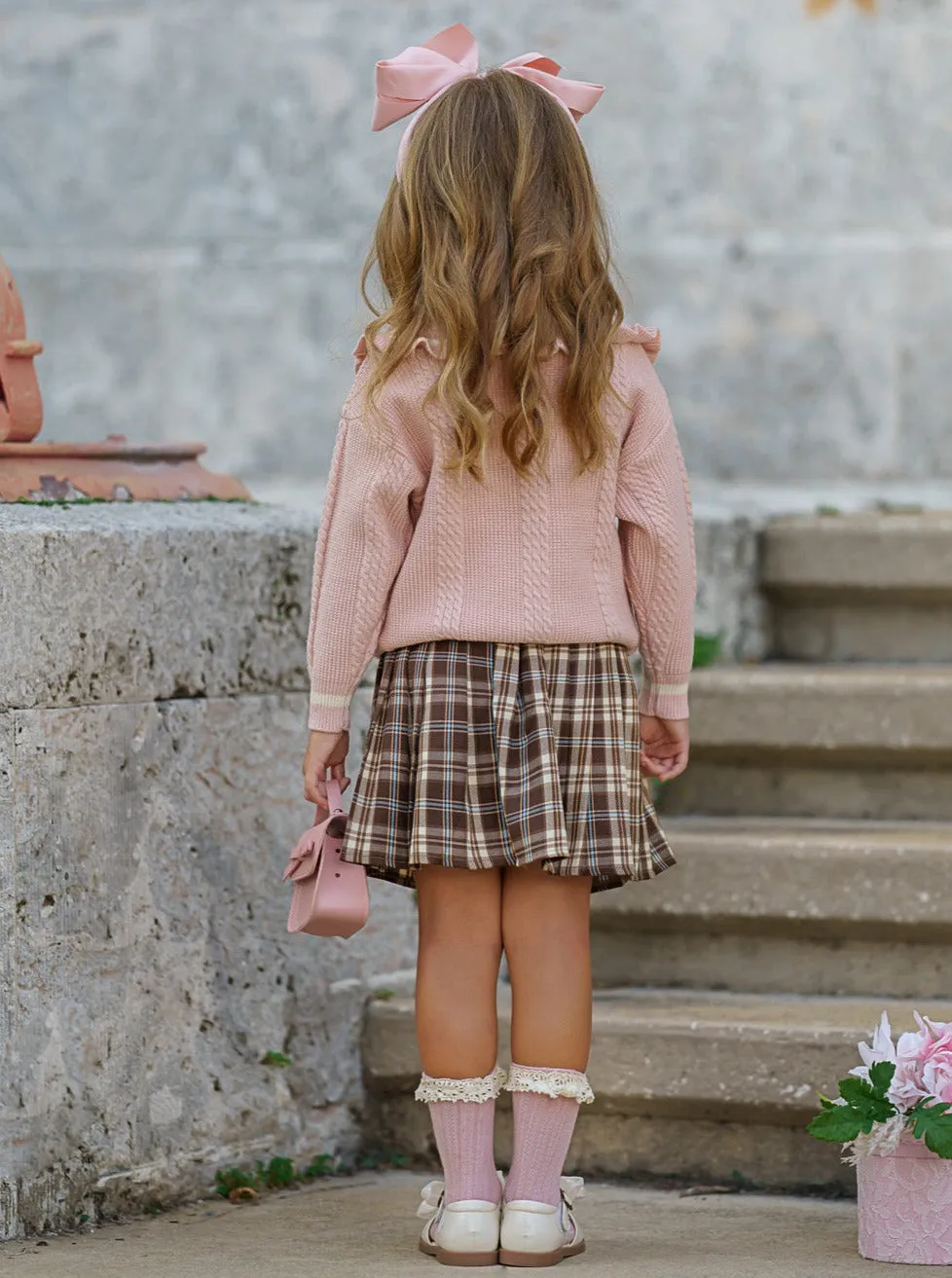 Smart Girls Rule Pink Knit Sweater and Checkered Skirt Set