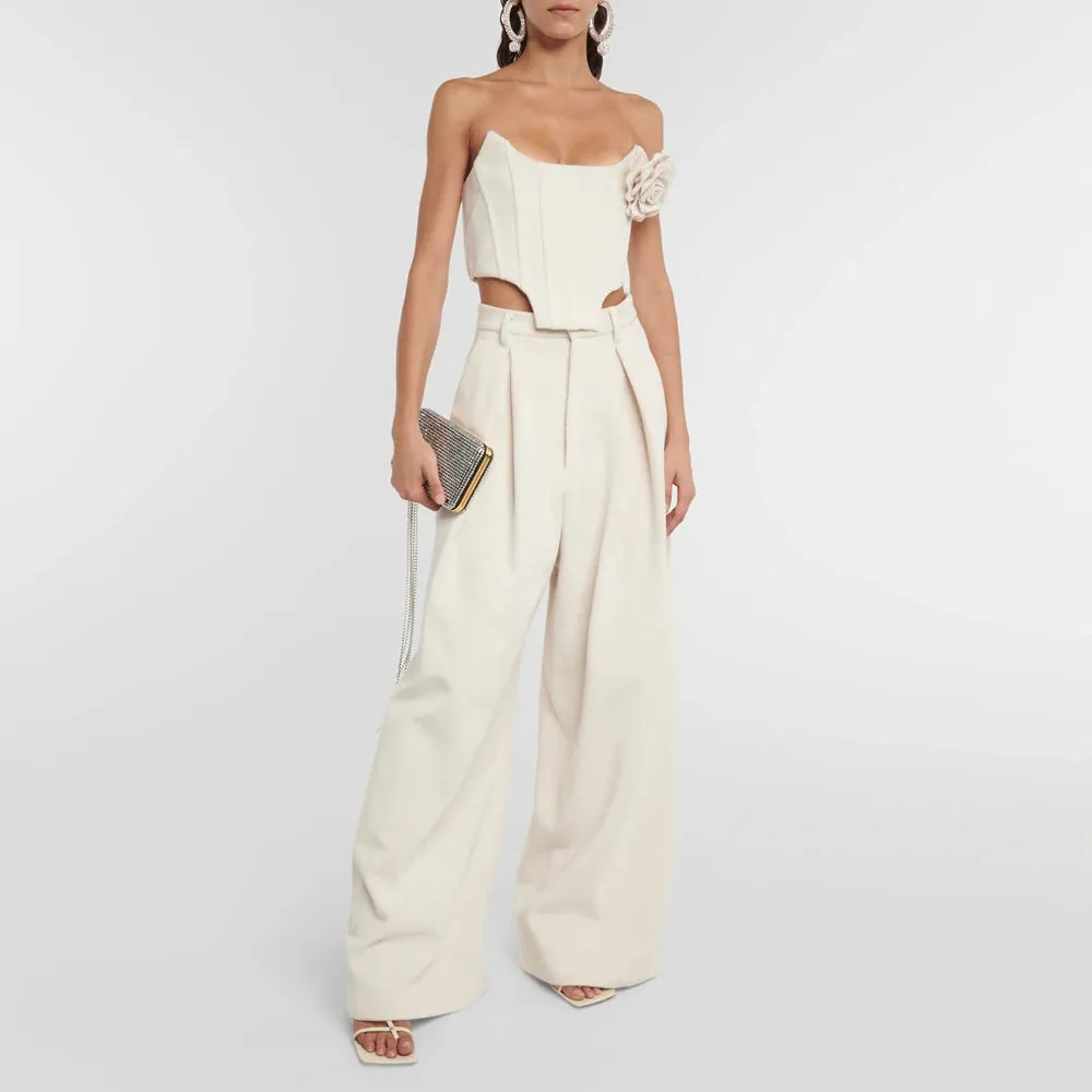 Solid Two Piece Set For Women Strapless Sleeveless Spliced Appliques Vest High Waist Loose Wide Leg Pants Casual Sets Female