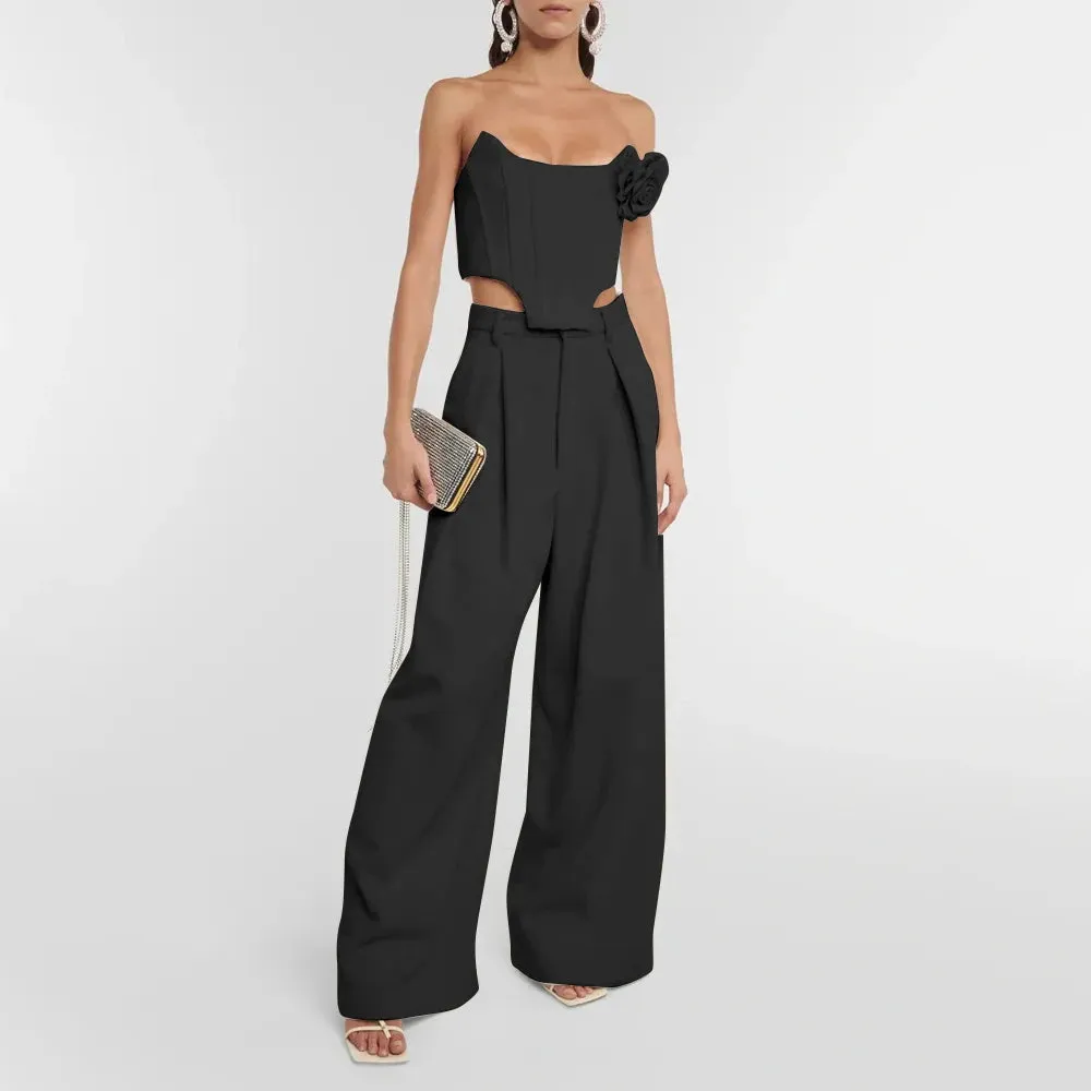 Solid Two Piece Set For Women Strapless Sleeveless Spliced Appliques Vest High Waist Loose Wide Leg Pants Casual Sets Female