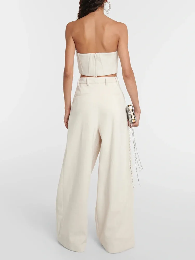 Solid Two Piece Set For Women Strapless Sleeveless Spliced Appliques Vest High Waist Loose Wide Leg Pants Casual Sets Female