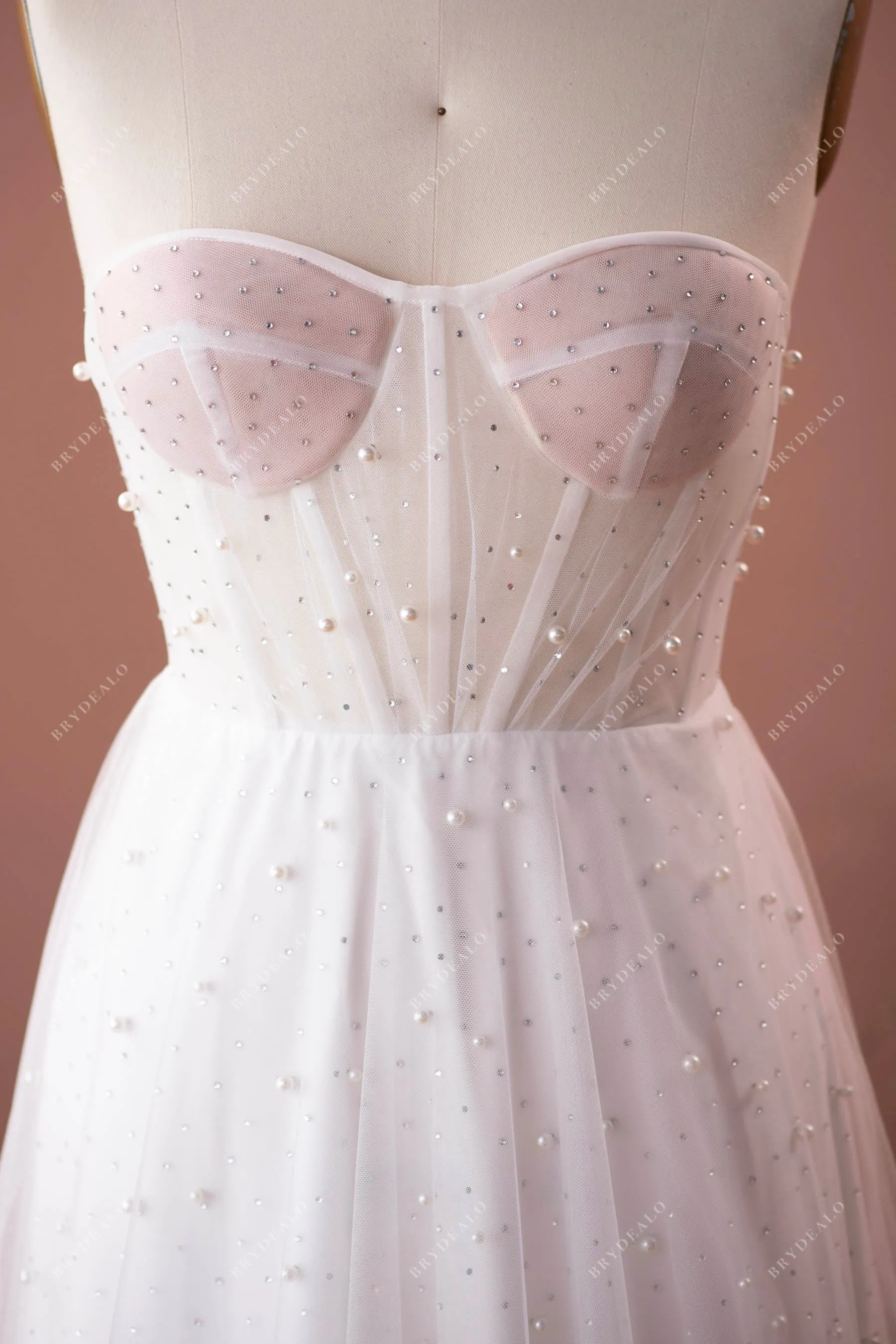 Sparkly Pearl Rhinestone Tulle Strapless Illusion Corset Wedding Dress