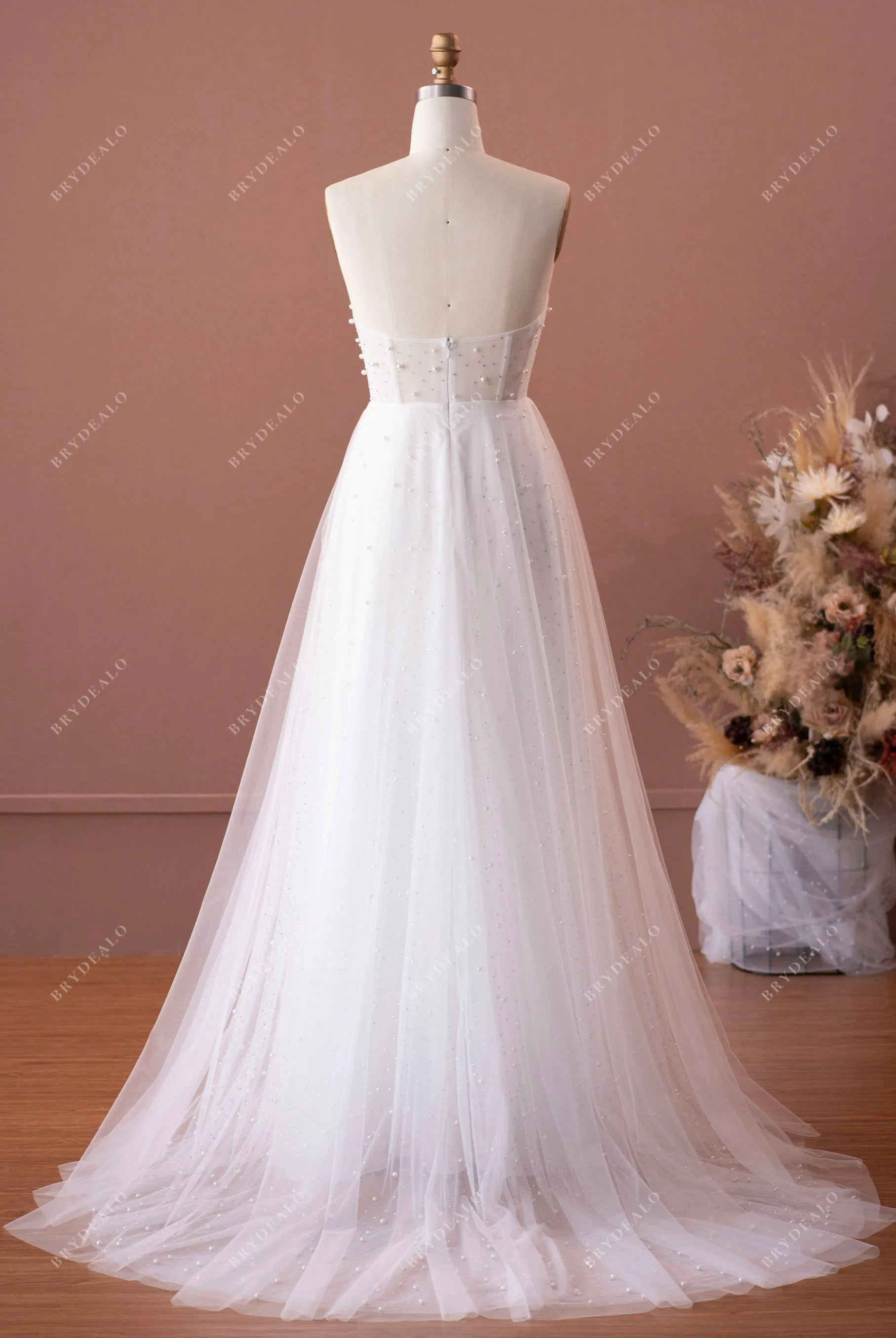 Sparkly Pearl Rhinestone Tulle Strapless Illusion Corset Wedding Dress