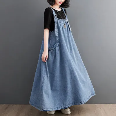 Spring/Summer New Loose Slim denim Slim Strap Long Dress Large Swing Dress