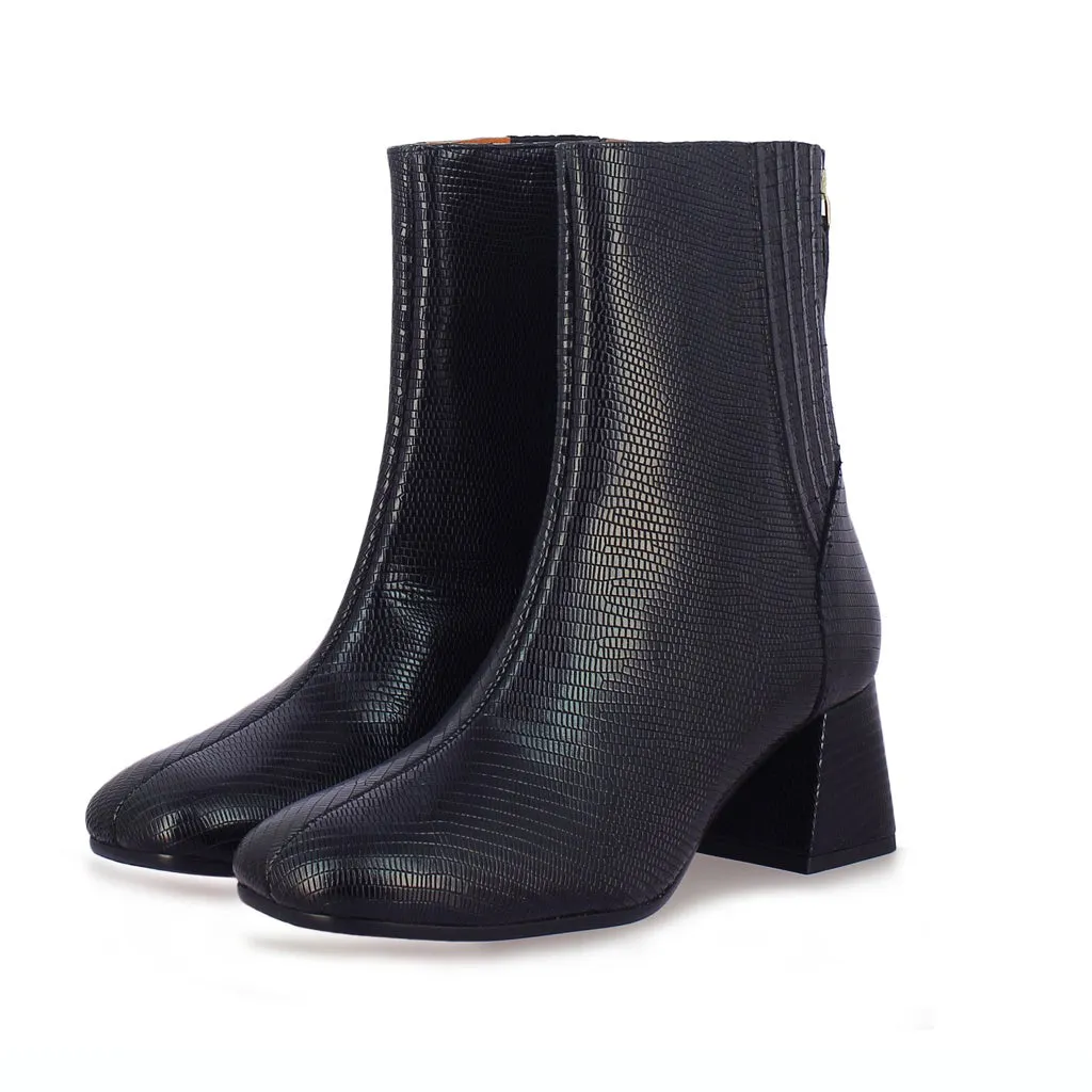 Stellina Black Leather Back Zip Block Heel Boots