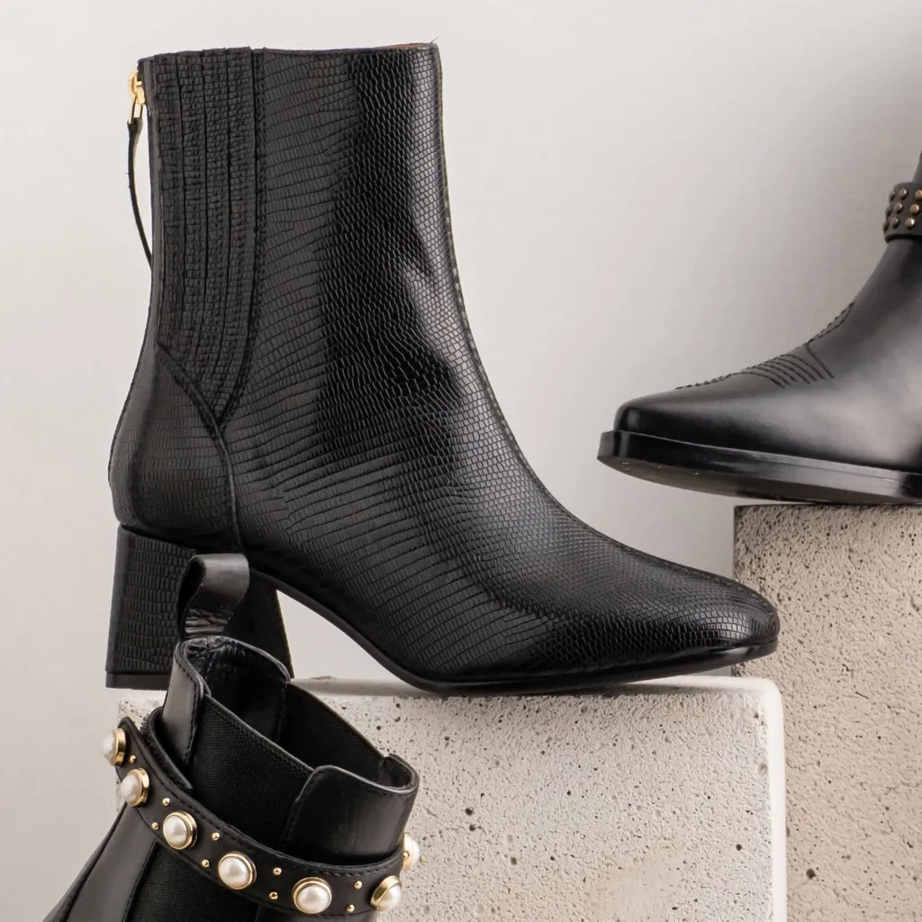 Stellina Black Leather Back Zip Block Heel Boots