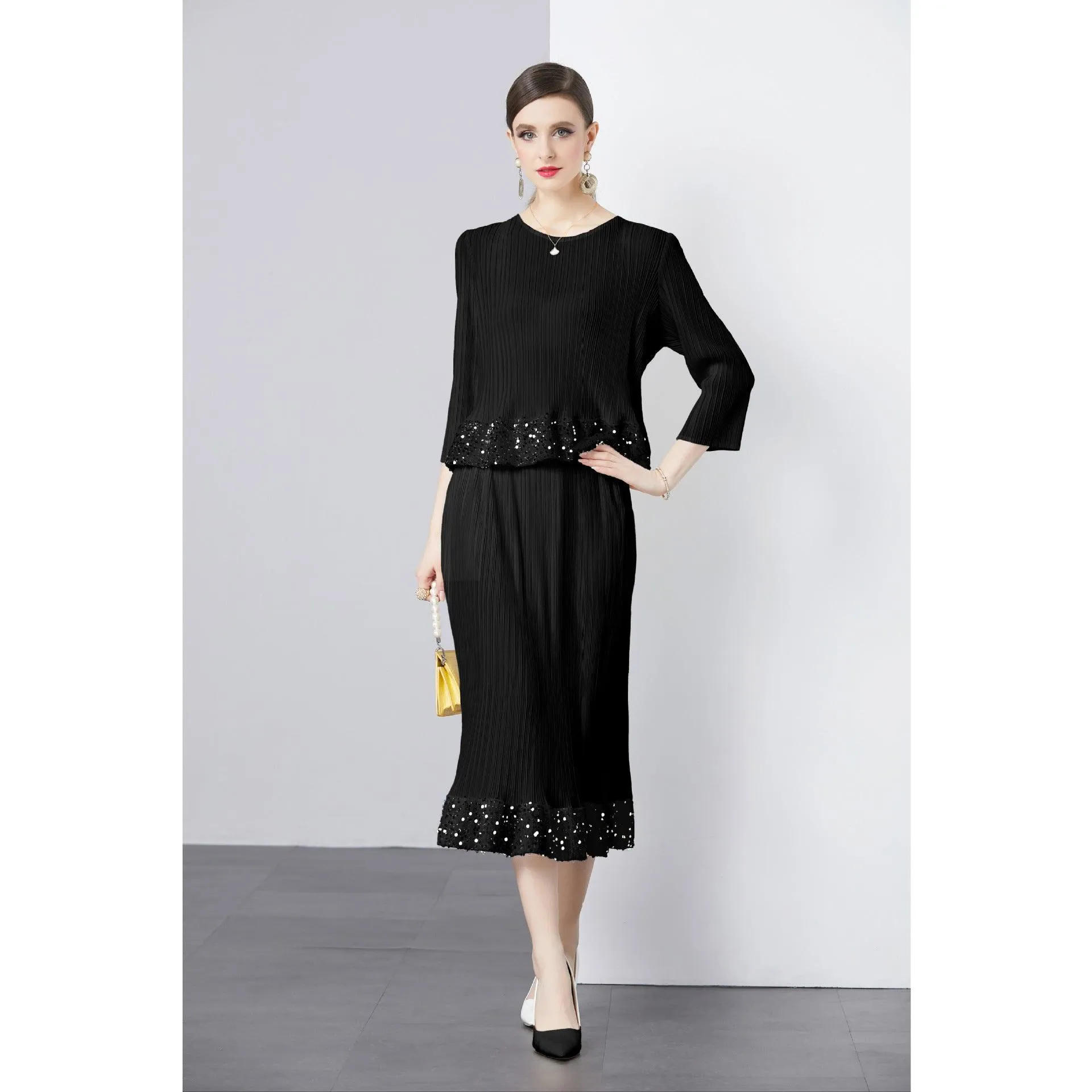 Three-quarter Sleeve Round Neck Solid Color Top Pleated Skirt Sequins