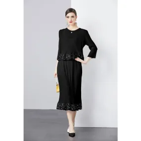 Three-quarter Sleeve Round Neck Solid Color Top Pleated Skirt Sequins